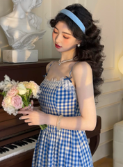 Blue plaid suspender dress beautiful unique waist temperament long skirt new style R0632