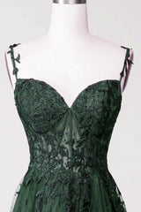 Dark Green Tulle With Lace Beaded Straps Prom Dress, Green Long Formal Dress Party Dress S2559