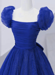 Royal Blue Scoop Tulle Short Sleeves Long Prom Dress, Royal Blue A-Line Party Dress S2564