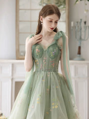 Light Green High Low Sweetheart Straps Formal Dress, Floral Tulle Homecoming Dress S2561