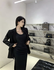 Black slim waist halter dress sexy backless holiday hip-hugging slit inner long skirt R1445