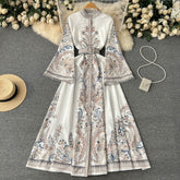 New retro printed round neck trumpet sleeve dress with large swing irregular pleated long skirt R2150
