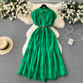 Niche design buttoned loose lace long dress waist pleated shirt collar spliced long skirt R2168