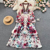 French court style temperament slim French chiffon mesh dress A-line printed long skirt R2149