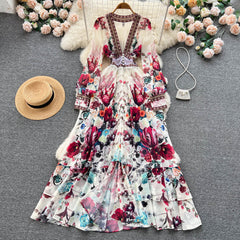 French court style temperament slim French chiffon mesh dress A-line printed long skirt R2149