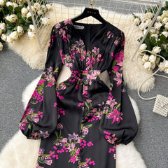 Temperamental and elegant dress 2025 new waist lantern sleeves printed dress long skirt R2246