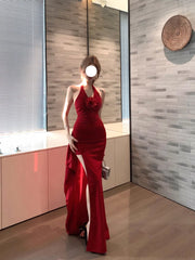 Retro red halter neck dress 2025 new hot girl sexy slit high waist hip long skirt R0036