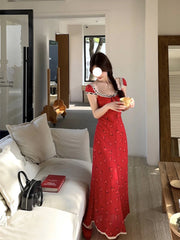Tea break French floral dress 2025 new slim retro red holiday style long skirt R0045