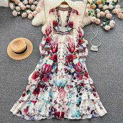 French court style temperament slim French chiffon mesh dress A-line printed long skirt R2149