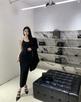 Black slim waist halter dress sexy backless holiday hip-hugging slit inner long skirt R1445