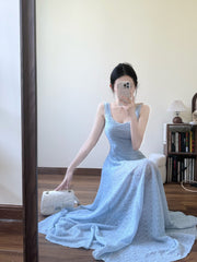 Blue hollow suspender dress temperament waist A-line long skirt R0568