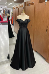 Off Shoulder Black Satin Long Prom Dress, Long Black Formal Graduation Evening Dress S1368