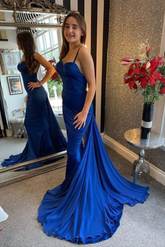 Mermaid Open Back Blue Long Prom Dress with Train, Mermaid Blue Formal Dress, Blue Evening Dress S1366