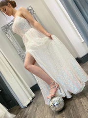 Shiny Sequins Open Back Ivory Long Prom Dresses, Sparkly Ivory Formal Graduation Evening Dresses S1092