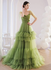 Light Green Layers Tulle Sweetheart Long Formal Dresses, Tulle Wedding Party Dresses S1237
