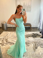Green Lace Mermaid Long Prom Dress,Backless Formal Dress S2429