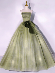 GREEN A LINE TULLE LONG PROM DRESSES, GREEN FORMAL EVENING DRESS S1357