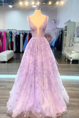 V Neck Purple Lace Long Prom Dress, Lilac Lace Formal Dress, Purple Evening Dress S1370