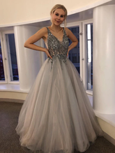 Gorgeous V Neck Beaded Silver Grey Long Prom Dresses, Silver Grey Beaded Formal Graduation Evening Dresses S1091
