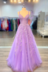 V Neck Purple Lace Prom Dresses, A-Line Spaghetti Straps Lace Formal Dresses S1812