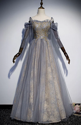 Gray tulle sequins long prom dress A-line evening dress S840
