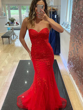 Strapless Mermaid Red Lace Long Prom Dresses, Mermaid Red Formal Dresses, Red Lace Evening Dresses S1380