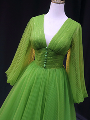 Green A Line Long Prom Dresses, V Neck Green Tulle Long Formal Evening Dresses S1770