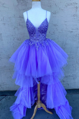 High Low V Neck Purple Lace Long Prom Dress, Lilac Lace Formal Dress, Purple Evening Dress S1367