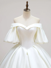 Simple Off-Shoulder Short Sleeves Wedding Dress Satin Chapel Train Ball Gown Bridal Dress S1935