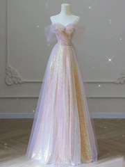 PINK A-LINE TULLE SEQUIN LONG PROM DRESSES, PINK FORMAL GRADUATION DRESS S1364