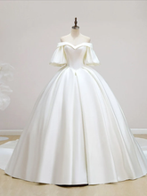 Simple Off-Shoulder Short Sleeves Wedding Dress Satin Chapel Train Ball Gown Bridal Dress S1935