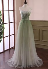 Light Green Gradient Tulle Long Formal Dress, Green Beaded Sweetheart Prom Dresses S1038