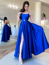 SIMPLE BLUE SATIN LONG PROM DRESSES, BLUE FORMAL PARTY DRESS S1354