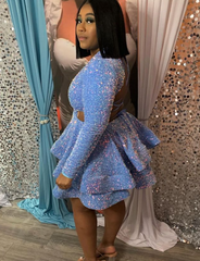 Blue Cocktail Dresses A-Line V-Neck Long Sleeve Shiny Sequin Homecoming Dresses S2054