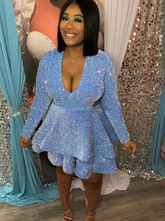 Blue Cocktail Dresses A-Line V-Neck Long Sleeve Shiny Sequin Homecoming Dresses S2054