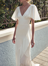 Open Back Beach Wedding Dress, V-neck Slit Destination Wedding Gown White S1943