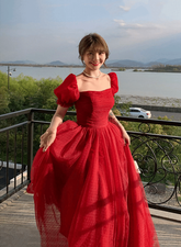Red Short Sleeves Tulle Prom Dress Party Dress, Red Evening Gown Formal Dresses S2424
