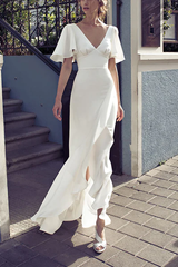 Open Back Beach Wedding Dress, V-neck Slit Destination Wedding Gown White S1943