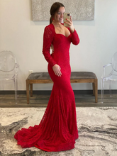 Long Sleeves Mermaid Red Lace Prom Dresses, Long Beaded Red Lace Formal Dresses, Red Evening Dresses S1379