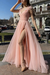 Elegant V Neck Pink Tulle Long Prom Dresses with High Slit, Pink Tulle Formal Graduation Evening Dresses S2103