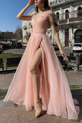 Elegant V Neck Pink Tulle Long Prom Dresses with High Slit, Pink Tulle Formal Graduation Evening Dresses S2103