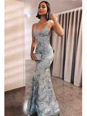 Elegant Mermaid Silver Long Prom Dress with Open Back S1563