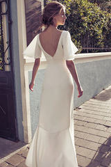 Open Back Beach Wedding Dress, V-neck Slit Destination Wedding Gown White S1943