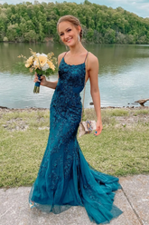 Mermaid Backless Blue Tulle Lace Long Prom Dresses, Blue Lace Formal Dresses, Mermaid Blue Evening Dresses S2428