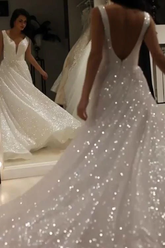 Shiny Ivory Sequins V Neck Backless Straps Wedding Dresses, Beach Bridal Dresses S1299