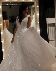 Shiny Ivory Sequins V Neck Backless Straps Wedding Dresses, Beach Bridal Dresses S1299