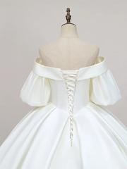 Simple Off-Shoulder Short Sleeves Wedding Dress Satin Chapel Train Ball Gown Bridal Dress S1935