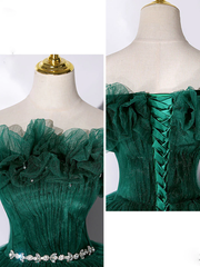 Green tulle off shoulder long prom dress green tulle formal gown S1769