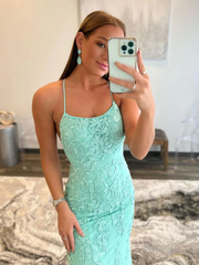 Green Lace Mermaid Long Prom Dress,Backless Formal Dress S2429