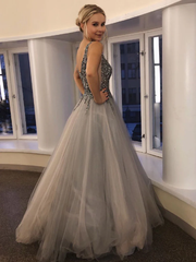 Gorgeous V Neck Beaded Silver Grey Long Prom Dresses, Silver Grey Beaded Formal Graduation Evening Dresses S1091